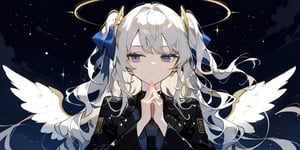 1girl, angel, white hair, long curly hair, two side up,blue eyes, two blue ribbons on her hair, (Double golden halo on her head), choker, angel wings, cyber suit, own hands together, night, upper body, looking away, masterpiece,  best quality,  aesthetic,lineart, LineAniAF,