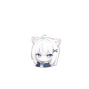 (chibi style), {{{masterpiece}}}, {{{best quality}}}, {{ultra-detailed}}, {beautiful detailed eyes},1girl, solo,  ((white hair)), very long hair, blue eyes, (straight hair), (bangs), animal ears, (stoat ears:1.2), Choker, ahoge, fangs, (big stoat Tail:1.2), (X hairpin), (White sleeveless collared dress, (Two-piece dress), (blue chest bow)), (black hooded oversized jacket:1.2), (Off the shoulders), ((shadow face:1.2)), (angry eyes), (closed mouth), upper body,chibi emote style,chibi,emote, cute,Emote Chibi,Line Chibi yellow