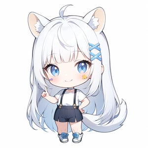 1girl, stoat girl, solo,  ((white hair)), very long hair, blue eyes, (straight hair), (bangs), animal ears, (stoat ears:1.2),
 Choker, ahoge, yaeba, (big white stoat Tail:1.2), (blue X hairpin), solo, long hair, looking at viewer, sticker image, blush, smile, bangs, blue eyes, skirt, simple background, shirt, white background, bow, animal ears, very long hair, closed mouth, standing, tail, full body, white shirt, short sleeves, shoes, hand up, chibi, animal ear fluff, hand on hip, black shorts, white footwear, suspenders, sneakers, index finger raised, extra ears, suspender skirt