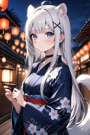 1girl, stoat girl, solo,  ((white hair)), very long hair, blue eyes, (straight hair), (bangs), animal ears, (stoat ears:1.2),
 Choker, ahoge, yaeba, (big white stoat Tail:1.2), (blue X hairpin), solo, long hair, looking at viewer, blush, bangs,  closed mouth, upper body, outdoors, japanese clothes, sky, choker, blurry, night, floral print, building, lantern, paper lantern