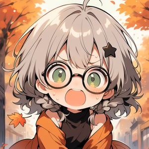 1girl, (gray hair), green eyes, medium hair, (double braid), ahoge, (black round frame glasses:1.2), (black star hairpin), (autumn clothing), (Dark coat), Sleeveless top, Short skirt, Off-shoulder, (happy), Emotionally excited, (On the streets in autumn), (eyes highlight), standing, ((upper body)), very beautiful girl, eyes wide open, Open mouth wide, sweat, slightly angry, himecut hairstyle, solo, (chibi), (Focus on face),((Chibi character))