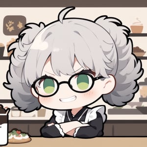 1girl, solo, (gray hair), green eyes, ahoge, (low-pigtail hairs:1.2), (black round frame glasses:1.2), (Arms Crossed), (Japanese Taisho maid costume:1.2), , blush, (In a Japanese cafe), (eyes highlight), standing, ((upper body)), very beautiful girl, crazy smiling, slightly angry, himecut hairstyle, solo, (chibi), (Focus on face), chibi style