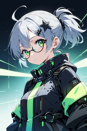 masterpiece, ultra detailed, HD, 

1girl, (gray hair), green eyes, (short ponytail:1.2), ahoge, (black round frame glasses:1.2), (black star hairpin), solo, Anime style, Japanese anime, cel shading, 

sanpaku eyes, cyberpunk costume, glowing outfit with neon lines, 

Anime Style