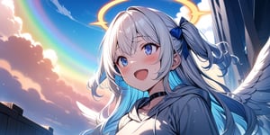 shiny, vibrant colors, female, masterpiece, sharp focus, best quality, depth of field, cinematic lighting, ((solo, one girl)), (illustration, 8k CG, extremely detailed), masterpiece, ultra-detailed, Anime-style illustration depicting a sunny sky scene. A sky after rain. (big rainbow in sky),  fire rainbows,1girl, angel, white hair, long curly hair, two side up,blue eyes, two blue ribbons on her hair, (Double golden halo on her head), choker, (angel wings),  Wearing grey Hooded T-shirt, is looking up at the sky with a surprised expression, cute smile. best smile, The perspective is from below, open mouth, shiny background,