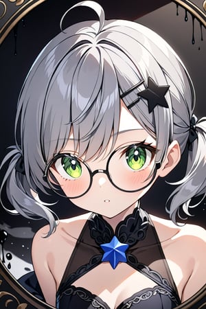  1girl, solo, (gray hair), green eyes, (short Twin ponytails:1.2), ahoge, (black round frame glasses:1.2), (black star hairpin), Beautiful girl. She is very badass, she wears a very fancy evening dress. detailed image, detailed skin, very close-up. silver brushtrokes in background.,Eyes,Beautiful eyes,INK,Detail