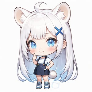 1girl, stoat girl, solo,  ((white hair)), very long hair, blue eyes, (straight hair), (bangs), animal ears, (stoat ears:1.2),
 Choker, ahoge, yaeba, (big white stoat Tail:1.2), (blue X hairpin), solo, long hair, looking at viewer, sticker image, blush, smile, bangs, blue eyes, skirt, simple background, shirt, white background, bow, animal ears, twintails, very long hair, closed mouth, standing, tail, full body, white shirt, short sleeves, shoes, hand up, chibi, animal ear fluff, hand on hip, black shorts, white footwear, suspenders, sneakers, index finger raised, extra ears, suspender skirt