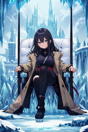 (((perfect pixels, perfect details))), alone, 1 girl,(Kunoichi) , l, , medium breasts, coat, shiny eyes, in an ice castle, sitting on a throne.