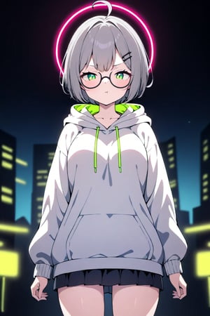 1girl, (gray hair), green eyes, (pony tail hair style:1.2), short hair, (Bob Hair), ahoge, (black round frame glasses:1.2), (black star hairpin), hooded cloak, Hood Down, long sleeve shirt top,Short skirt, boots, ((White long sleeve hoodie)), mature female, no pupils, straight-on, half-closed eyes, narrowed eyes, pout, blurry background, alp, (((neon theme))), perfect_hands, dark theme, vivid color, masterpiece, best quality, amazing quality, very aesthetic, absurdres, depth of field, score_9, archi-ghelber-style