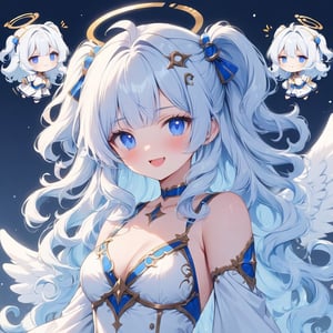 masterpiece, made by a master, 4k, perfect anatomy, perfect details, best quality, high quality, lots of detail.
1girl, angel, (white hair), long curly hair, (two side up), blue eyes,  (curly hair:1.2), (wavy hair), (hair curls), (bangs), (two side up), two (blue) hair ties on head, (Double golden halo on her head), choker, (angel wings), ahoge, White dress with blue trim, single, looking at camera, smiling, fang, happy, slightly angry, chibi, Emote Chibi.
simple background, Line,cute comic,simple background