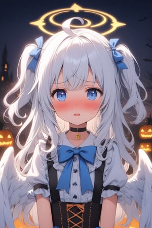  1girl, angel, white hair, long curly hair, (two side up), blue eyes, two blue bows on head, (Double golden halo on her head), choker, (angel wings on back), ahoge, , solo, blush, open mouth, lolita_fashion, middle chest, tiny body, (halloween costumes), upper body, sweat, embarrassed,