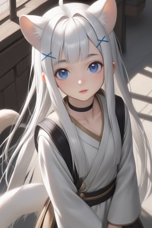 1girl, stoat girl, solo,  ((white hair)), very long hair, blue eyes, (straight hair), (bangs), animal ears, (stoat ears:1.2),
 Choker, ahoge, yaeba, (big white stoat Tail:1.2), (blue X hairpin), high angle shot