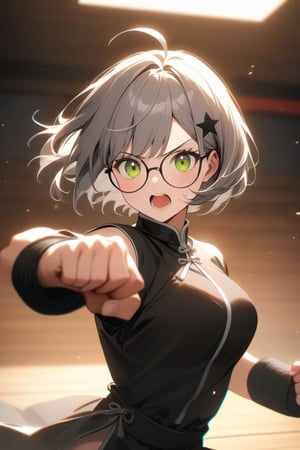 1girl, (gray hair), green eyes, short hair, (Bob Hair), ahoge, (black round frame glasses:1.2), (black star hairpin), (Kung Fu Uniform), (attack), (fighting), Punch, Punching in viewer, (in the dojo), aura, (eyes highlight), standing, ((upper body)), very beautiful girl, eyes wide open, Open mouth wide, sweat, slightly angry, himecut hairstyle, masterpiece quality, stunning image, masterpiece, 8K, stunning image, light particles, attractive image, reflections,  \medium\,Beautiful eyes,