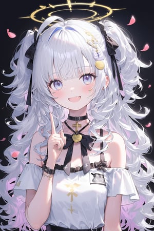 1girl, angel, white hair, long curly hair, (two side up), blue eyes,  (curly hair:1.2), (wavy hair), (hair curls)
, (bangs), (two side up), two blue hair ties on head, (Double golden halo on her head), bowtie choker, angel wings, ahoge, fang, (((white T-shirt))), virtual_youtuber, solo, long_hair, dress, eyepatch,looking_at_viewer, smile, ahoge, open_mouth, gothic_lolita, lolita_fashion, bare_shoulders, breasts, blush, mole_under_eye, , mole, bangs, cross, choker, v, collarbone, petals, 