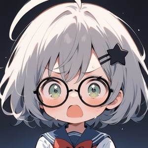 1girl, (gray hair), green eyes, short hair, (Bob Hair), ahoge, (black round frame glasses:1.2), (black star hairpin), (Sailor Suit), (student uniform), dark blue collar, (red bow tie), Dark blue pleated skirt, blush, (In a dark room), (eyes highlight), standing, ((upper body)), very beautiful girl, shock, surprise, eyes wide open, Open mouth wide, sweat, slightly angry, himecut hairstyle, solo, (chibi), (Focus on face),((Chibi character))