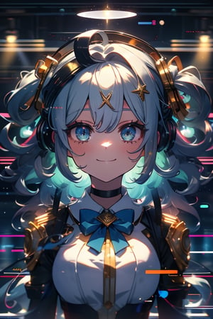 1girl, angel, white hair, long curly hair, (two side up), blue eyes,  (curly hair:1.2), (wavy hair), (hair curls)
, (bangs), (two side up), two blue hair ties on head, (Double golden halo on her head), bowtie choker, angel wings, ahoge, fang,,Glitching, glitch,upper body,smile,,masterpiece, high quality, best quality, highres,light,glitter