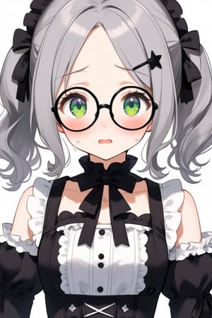  1girl, solo, (gray hair), green eyes, (short Twin ponytails:1.2),  (wavy hair), ahoge, (black round frame glasses:1.2), (black star hairpin), solo, blush, open mouth, Center parted bangs, forehead, lolita_fashion, middle chest, tiny body, cute gothic dress, upper body, sweat, embarrassed,