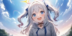 shiny, vibrant colors, female, masterpiece, sharp focus, best quality, depth of field, cinematic lighting, ((solo, one girl)), (illustration, 8k CG, extremely detailed), masterpiece, ultra-detailed, Anime-style illustration depicting a  sky scene. A sky after rain. ((rainbow)), daytime, outdoor, 1girl, angel, white hair, long curly hair, two side up,blue eyes, two blue ribbons on her hair, (Double golden halo on her head), choker, (angel wings),   Wearing grey Hooded T-shirt, is looking up at the sky with a surprised expression, cute smile.best smile, The perspective is from below, open mouth, shiny background,Flat vector art,Visual Anime