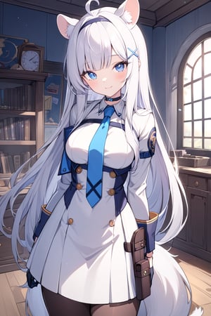 1girl, stoat girl, solo,  ((white hair)), very long hair, blue eyes, (straight hair), (bangs), animal ears, (stoat ears:1.2),
 Choker, ahoge, yaeba, (big white stoat Tail:1.2), (blue X hairpin), solo, long hair, breasts, looking at viewer, smile, bangs, blue eyes, skirt, gloves, long sleeves, dress, medium breasts, very long hair, closed mouth, standing, jacket, white hair, pantyhose, cowboy shot, hairband, necktie, black gloves, indoors, white dress, window, thigh strap, brown pantyhose, blue necktie, holster, thigh holster