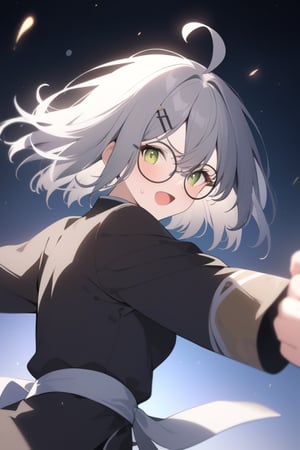 1girl, (gray hair), green eyes, short hair, (Bob Hair), ahoge, (black round frame glasses:1.2), (black star hairpin), (Kung Fu Uniform), (attack), (fighting), Punch, Punching in viewer, (in the dojo), aura, (eyes highlight), standing, ((upper body)), very beautiful girl, eyes wide open, Open mouth wide, sweat, slightly angry, himecut hairstyle, masterpiece quality, stunning image, masterpiece, 8K, stunning image, light particles, attractive image, reflections,  \medium\,Beautiful eyes,