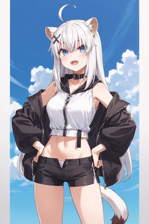1girl, stoat girl, solo,  ((white hair)), very long hair, blue eyes, (straight hair), (bangs), animal ears, (stoat ears:1.2),
 Choker, ahoge, fangs, (big stoat Tail:1.2), (blue X hairpin), (White collared sleeveless top, (midriff), blue chest bow), 
(black hooded oversized jacket:1.2), ((jacket zipper half unzipped)), (black short pants) (Off the shoulders), hand on hip,anime,cg,