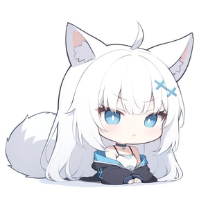 (chibi style), {{{masterpiece}}}, {{{best quality}}}, {{ultra-detailed}}, {beautiful detailed eyes},1girl, solo,  ((white hair)), very long hair, blue eyes, (straight hair), (bangs), animal ears, (stoat ears:1.2),
 Choker, ahoge, fangs, (big stoat Tail:1.2), (blue X hairpin), (White sleeveless collared dress, (midriff), blue chest bow), 
(black hooded oversized jacket:1.2), (jacket zipper half unzipped), (Off the shoulders), solo, small breasts, ((light white hair)), very long hair, (straight hair), (bangs), animal ears, (stoat ears:1.2), Choker, ahoge, fangs, (big fox Tail:1.2), (black hooded oversized jacket:1.2), (Off the shoulders), ((shadow face:1.2)), (angry eyes), (closed mouth), upper body,chibi emote style,chibi,emote, cute, looking with disgust
