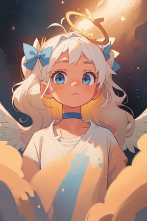 (best quality, masterpiece), 1girl, angel, white hair, long curly hair, (two side up), blue eyes, two blue bows on head, (Double golden halo on her head), choker, angel wings on back, ahoge, particle, upper body, looking at viewer, galaxy