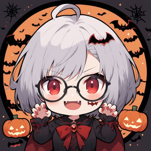 1girl, (gray hair), red eyes, ahoge, (striking bob cut and intense), (black round frame glasses:1.2), (vampire style dress), (Vampire Fangs) , (claw pose), bats, cobweb, pumpkin lantern, moon, blush, (simple halloween background), (eyes highlight), standing, ((upper body)), very beautiful girl, smiling, open_mouth, himecut hairstyle, solo, (chibi), (Focus on face), 