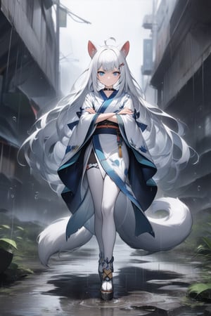 1girl, stoat girl, solo,  ((white hair)), very long hair, blue eyes, (straight hair), (bangs), animal ears, (stoat ears:1.2),
 Choker, ahoge, yaeba, (big white stoat Tail:1.2), (blue X hairpin), very beautiful girl, looking at viewer, /(perfect anatomy)/, kimono, crossing arms, dynamic pose (walking), full body, skirt, stockings, beautiful eyes, total heterochromia, frowning, background battlefield, slightly blurred background, wallpaper quality, badass girl, determined look, rain, waterdrop, water brushing girl's cheeks, almost prismatic eyes. Stunning and attractive image, 8k, detailed image, masterpiece quality.