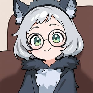 1girl, (gray hair), green eyes, (short hair), (Flat bangs), (black round frame glasses:1.2), (wolf ear headdress), (Wearing werewolf costume:1.2), (happy), (indoor), (eyes highlight), very beautiful girl, very cute face, (Medium chest), proud expression, :), sitting on sofa, cute pose, headtilt, solo, (chibi),((Chibi character)), chibi style, flat-color-style