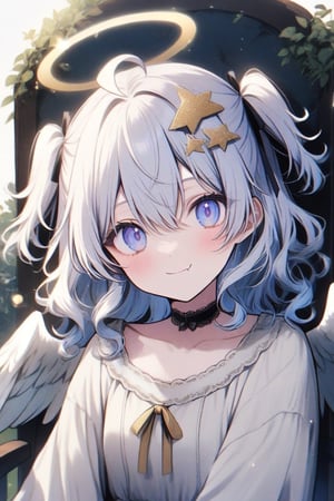 1girl, angel, ((white hair)), long curly hair, (two side up), blue eyes,  (curly hair:1.2), (wavy hair), (hair curls)
, (bangs), (two side up), two blue hair ties on head, (Double golden halo on her head), bowtie choker, angel wings, ahoge, fang,solo, looking at viewer, smile, simple background, White dress with blue trim, white background, hair between eyes, closed mouth, collarbone, upper body, female focus, sit on chair in garden ,dal