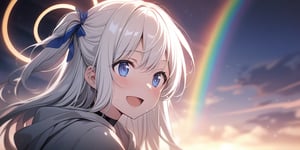 shiny, vibrant colors, female, masterpiece, sharp focus, best quality, depth of field, cinematic lighting, ((solo, one girl)), (illustration, 8k CG, extremely detailed), masterpiece, ultra-detailed, Anime-style illustration depicting a sunny sky scene. A sky after rain. (big rainbow in sky),  fire rainbows,1girl, angel, white hair, long curly hair, two side up,blue eyes, two blue ribbons on her hair, (Double golden halo on her head), choker, (angel wings),  Wearing grey Hooded T-shirt, is looking up at the sky with a surprised expression, cute smile. best smile, The perspective is from below, open mouth, shiny background,Flat vector art,Visual Anime