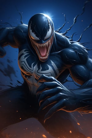 Marvel character Venom, (attack), (fighting), Punch, Punching in viewer, (On the streets at night), aura, standing, ((upper body)), eyes wide open, Open mouth wide, sweat, slightly angry, masterpiece quality, stunning image, masterpiece, 8K, stunning image, light particles, attractive image, reflections,