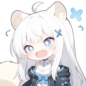 (chibi style),1girl, solo,  ((white hair)), very long hair, blue eyes, (straight hair), (bangs), animal ears, (stoat ears:1.2), Choker, ahoge, fangs, (big stoat Tail:1.2), (X hairpin),
(White sleeveless collared dress, blue chest bow), (black hooded oversized jacket:1.2), (Off the shoulders), ((-.-)), ((two lines of tears:1.2)), simple background, white background, upper body, anime,chibi emote style,chibi,emote,Emote Chibi