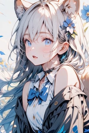 1girl, solo,  ((white hair)), very long hair, blue eyes, (straight hair), (bangs), animal ears, (stoat ears:1.2), Choker, ahoge, fangs, (big stoat Tail:1.2), 
(White sleeveless collared dress, blue chest bow), (black hooded oversized jacket:1.2), (Off the shoulders), looking at viewer, simple background, shirt,, white background, upper body, parted lips, blue flower,female 