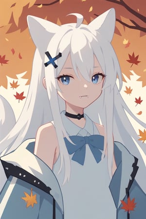 score_9, score_8_up, score_7_up, Minimalstyle, 1girl, solo,  ((white hair)), very long hair, blue eyes, (straight hair), (bangs), animal ears, (stoat ears:1.2), Choker, ahoge, fangs, (big stoat Tail:1.2), (X hairpin), (White sleeveless collared dress, blue chest bow), (black hooded oversized jacket:1.2), (Off the shoulders) ,simple, faceless female, beautiful, extremely detailed, vector, headshot,falling leaves,minimalstyle,score_6_up