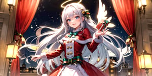  (Best Picture Quality, High Quality, Best Picture Score: 1.3), , Perfect Beauty Score: 1.5, long hair, 1girl, solo, angel, white long curly hair, blue eyes, two blue ribbons on her hair, (Double golden halo on her head), (angel wings), (cute outfit), beautiful, cute, stylish cafe, best smile, Christmas,(( Decorate Santa Claus' house)), fine decorations, lots of presents,masterpiece,best quality