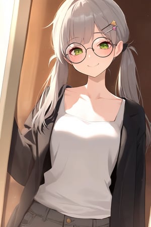 1girl, (gray hair), green eyes, long hair, ( pigtails:1.2), (black round frame glasses:1.2), (black star hairpin), (casual wear), collarbone, (Knight Coat), cotton pants, (happy), (in room), indoor, (eyes highlight), standing, ((upper body)), very beautiful girl, Sleepy eyes, closed mouth, :), himecut hairstyle,, masterpiece quality, stunning image, masterpiece, 8K, stunning image, light particles, attractive image, reflections, Dutch Angle Shot,Beautiful eyes,