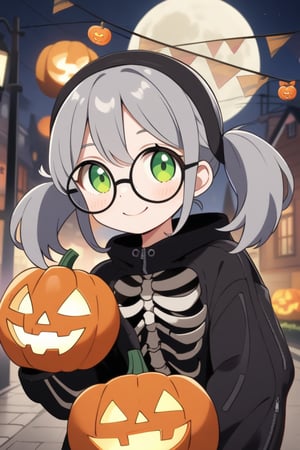 A cute girl ,(gray hair), green eyes, short hair, (cute pigtails:1.2), (black round frame glasses:1.2), wearing a skull mask on her head, (skeleton suit:1.3), celebrating Halloween on the street at night, pumpkin lantern, cute face, smiling, moon, anime style