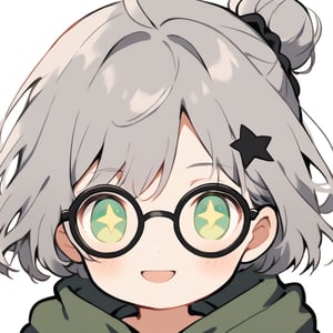 1girl, (gray hair), green eyes, short hair, ahoge, (black round frame glasses:1.2), (black star hairpin), dark green hooded cloak, Hood Down, dress, Short skirt, boots, ((Half Bun :1.2)), ((Off the shoulders:1.2)), solo, smiling, blush, (close-up portrait), ((sparkling eyes)), Upper Body, (Focus on face), simple white background,