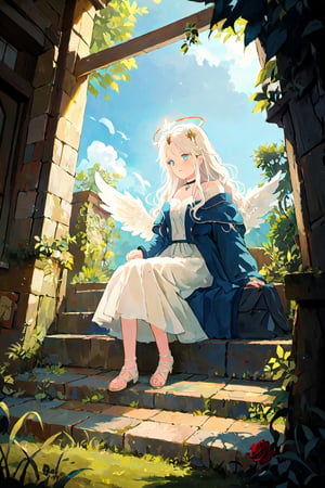 1girl, angel, white hair, long curly hair, two side up,blue eyes, two blue ribbons on her hair, (Double golden halo on her head), choker, angel wings, focus on girl, ascending a staircase,a solitary red rose resting gracefully on the highest staircase step, its velvety petals unfurling to reveal a rich shade of scarlet, set against a backdrop of ancient, moss-covered steps, a sense of timelessness enveloping the scene, with a gentle breeze rustling nearby ivy leaves, evoking a sense of peaceful contemplation soft focus creating a dreamlike quality, in the style of romantic landscape paintings by J.M.W. Turner. 