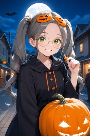 A cute girl ,(gray hair), green eyes, long hair, ( pigtails:1.2), (black round frame glasses:1.2), wearing a pumpkin mask on her head, Halloween costume, celebrating Halloween on the street at night, pumpkin lantern, cute face, smiling, moon, anime style