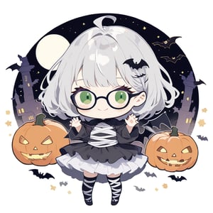 1girl, (gray hair), green eyes, ahoge, (striking bob cut and intense), (black round frame glasses:1.2), mummy dress up, Bandage outfit, Full body bandage, (claw pose), bats, cobweb, pumpkin lantern, moon, blush, (simple halloween background), (eyes highlight), standing, ((upper body)), very beautiful girl, smiling, happy, himecut hairstyle (eyes highlight), standing, solo, (chibi), (Focus on face), 