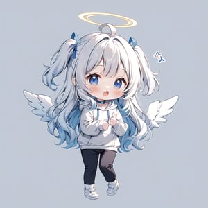 (chibi:1.3), masterpiece, made by a master, 4k, perfect anatomy, perfect details, best quality, high quality, lots of detail.
(solo),1girl, ((angel)), ((white hair)), (long hair:1.3), (two side up), blue eyes,  (curly hair:1.2), (wavy hair), (hair curls), (bangs), (two side up), two ((blue)) hair ties on head, (Double golden halo on her head), choker, ((angel wings)), ahoge, fang, (Gray long sleeve hooded top), Black long pants, white socks, single, looking at viewer, fantai12, expression, ((thumbs up)), (full body) ,Emote Chibi. cute comic,simple background, flat color, Cute girl,dal,Chibi Style,lineart,