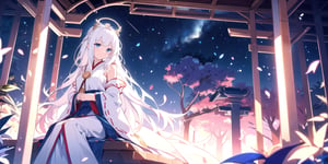 vibrant colors, female, masterpiece, sharp focus, best quality, depth of field, cinematic lighting, ((solo, one woman )), (illustration, 8k CG, extremely detailed), masterpiece, ultra-detailed,
1angel, (white hair), long curly hair, blue eyes, (two blue ribbons on her hair), (Double golden halo on her head), angel wings, Sitting on a seat, look to the sky,perfect light,midjourney,miko dressing