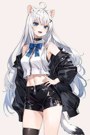 1girl, stoat girl, solo,  ((white hair)), very long hair, blue eyes, (straight hair), (bangs), animal ears, (stoat ears:1.2),
 Choker, ahoge, fangs, (big stoat Tail:1.2), (blue X hairpin), (White collared sleeveless top, (midriff), blue chest bow), 
(black hooded oversized jacket:1.2), ((jacket zipper half unzipped)), (black short pants) (Off the shoulders), hand on hip,anime,cg,