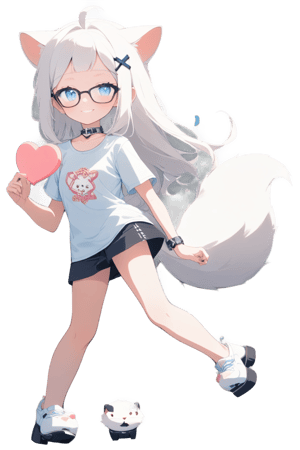 1girl, stoat girl, solo,  ((white hair)), very long hair, blue eyes, (straight hair), (bangs), animal ears, (stoat ears:1.2),
 Choker, ahoge, yaeba, (big white stoat Tail:1.2), (blue X hairpin), hold, holding pink heart, cartoon tshirt, white tshirt, square glasses, glasses, collar, collar with chain, hair covering one eye, looking at the camera, little smile