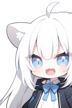 (chibi style),1girl, solo,  ((white hair)), very long hair, blue eyes, (straight hair), (bangs), animal ears, (stoat ears:1.2), Choker, ahoge, fangs, (big stoat Tail:1.2), 
(White sleeveless collared dress, blue chest bow), (black hooded oversized jacket:1.2), (Off the shoulders), looking at viewer, simple background, shirt,, white background, upper body, anime ,Anime ,girl ,Emote Chibi