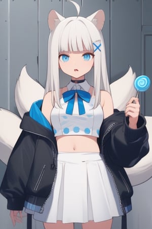 animal ear fluff, animal ears, 1girl, solo,  ((white hair)), very long hair, blue eyes, (straight hair), (bangs), animal ears, (stoat ears:1.2), Choker, ahoge, fangs, (big stoat Tail:1.2), (blue X hairpin), (White sleeveless collared dress, (midriff), blue chest bow), (black hooded oversized jacket:1.2), (jacket zipper half unzipped), (Off the shoulders), candy, food print, highres, holding, multiple girls, multiple tails,,tail,girl ,anime ,cr33p