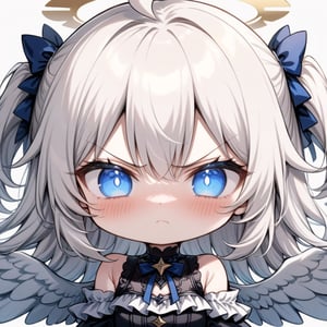 1girl, angel, white hair, long curly hair, (two side up), blue eyes, two blue bows on head, (Double golden halo on her head), choker, ((angel wings on back)), ahoge,  (White gothic lolita style ruffle dress, blue ribbon), ((Off the shoulders:1.2)), solo, (chibi, head only), blush, mouth close, (close-up portrait), (angry, blush, pouty), ((shadow face:1.3)), (glowing eyes), Upper Body, (Focus on face), simple white background,((Chibi character)),IncrsPunchMeme,incoming punch