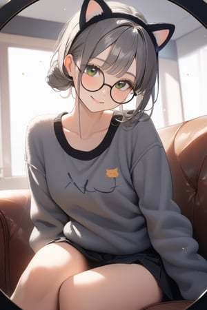 1girl, (gray hair), green eyes, (short hair), (Flat bangs), (one hair bun:1.2), (black round frame glasses:1.2), (cat ear headdress), (fleece top:1.2), long sleeve, Short skirt, (happy), (indoor), (eyes highlight), very beautiful girl, very cute face, (Medium chest), proud expression, :), sitting on sofa, cute pose, headtilt, masterpiece quality, masterpiece, 8K, stunning image, light particles, attractive image, reflections, Dutch Angle Shot,Beautiful eyes,